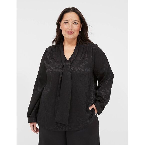 NWT Lane Bryant Tie Neck Tunic Black Animal Print 20 Long Sleeve Popover‎ Shirt - Picture 1 of 7